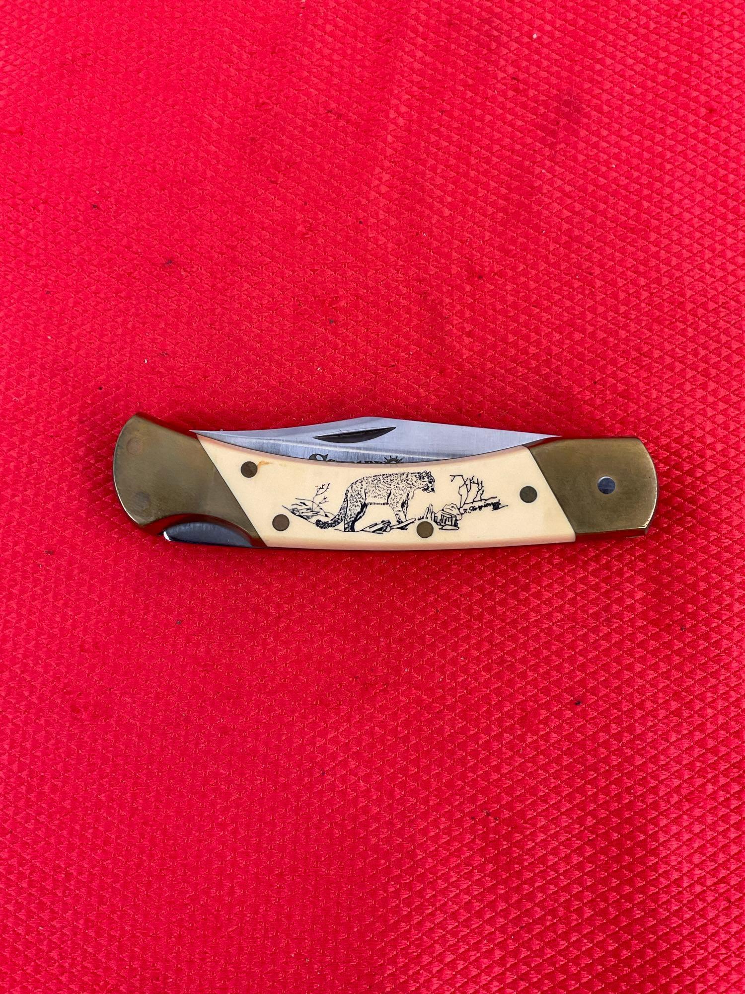 Vintage Schrade+ 3.5" Steel Folding Blade Pocket Knife Model 507SC w/ Etched Cougar & Sheath. See