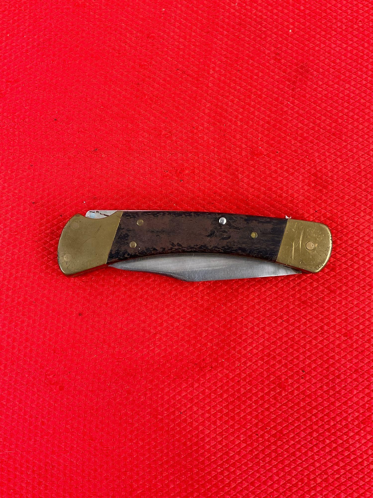 Vintage Buck 3.75" Steel Folding Blade Pocket Knife Model 110 w/ Ebony Handle & Sheath. See pics.