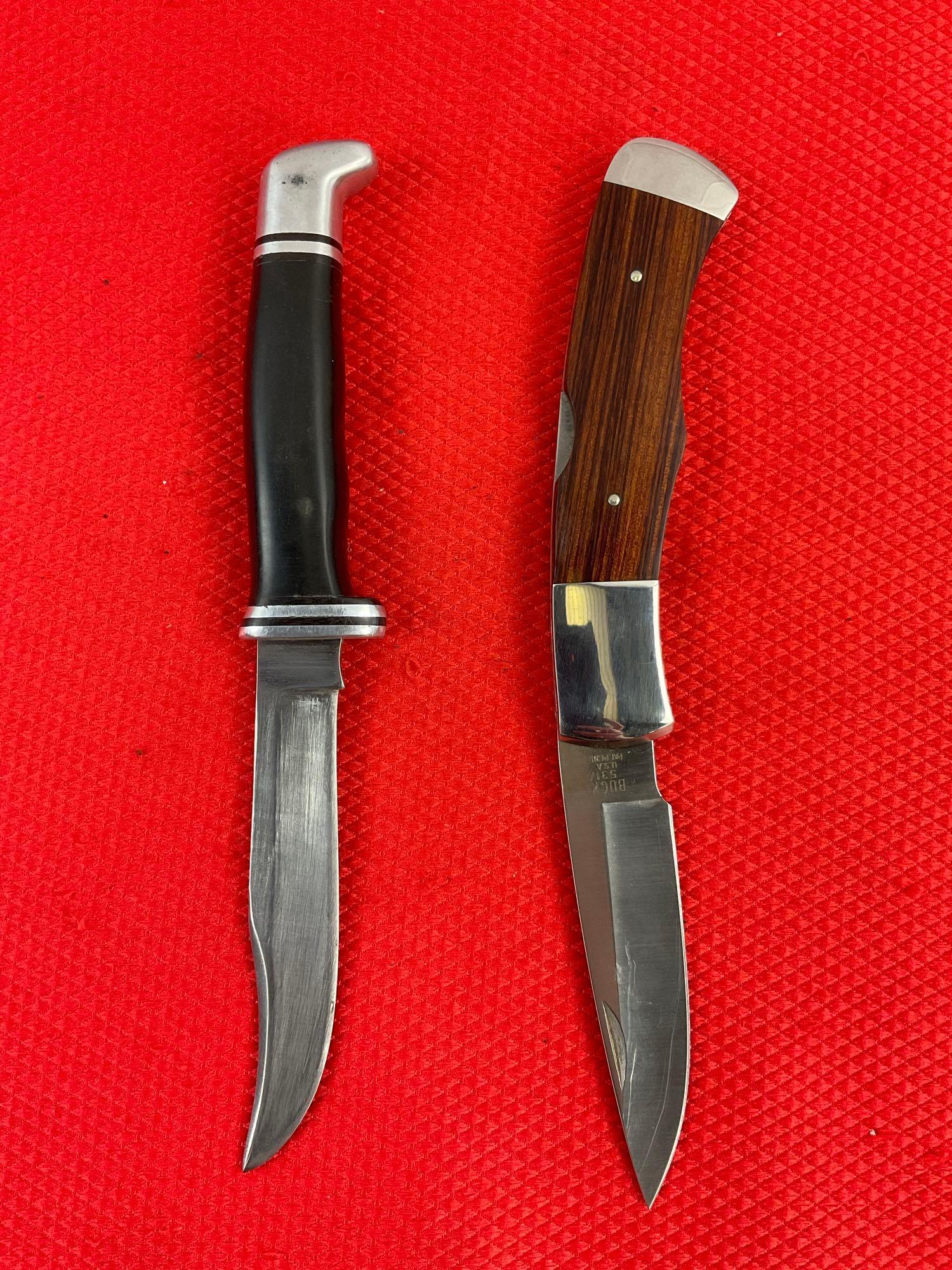 2 pcs Vintage Buck Steel Knives, Models 102 Woodsman & 531/ Bucklock w/ Original Sheathes. See pi...