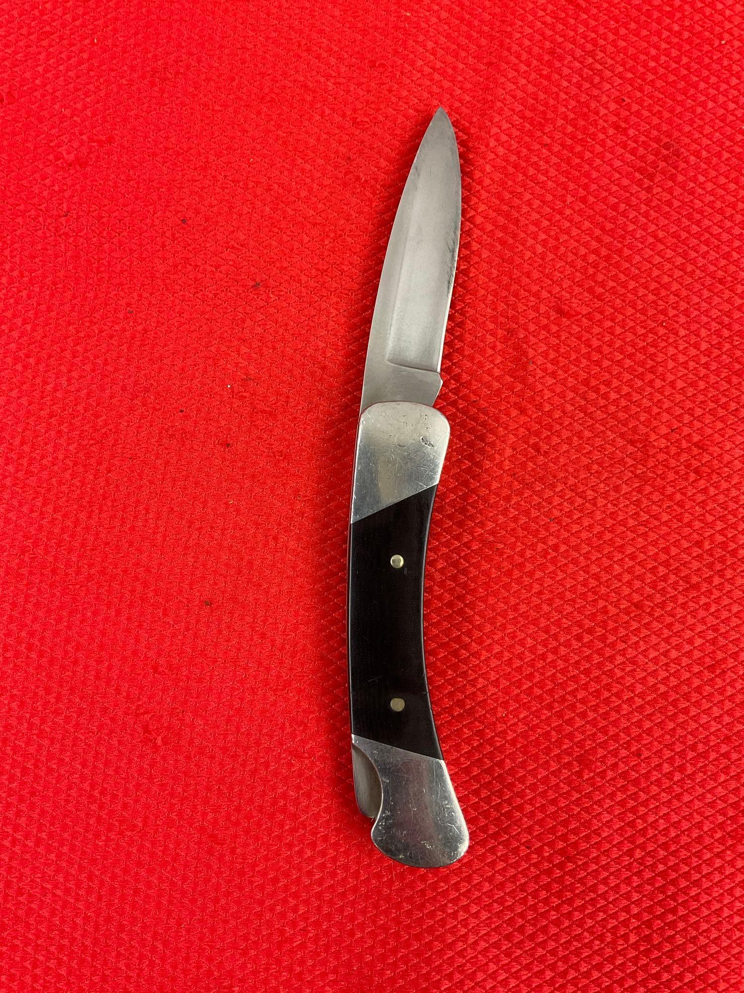 Modern Buck 3" Steel Folding Blade Pocket Knife Model 500 Duke w/ Leather Sheath. See pics.