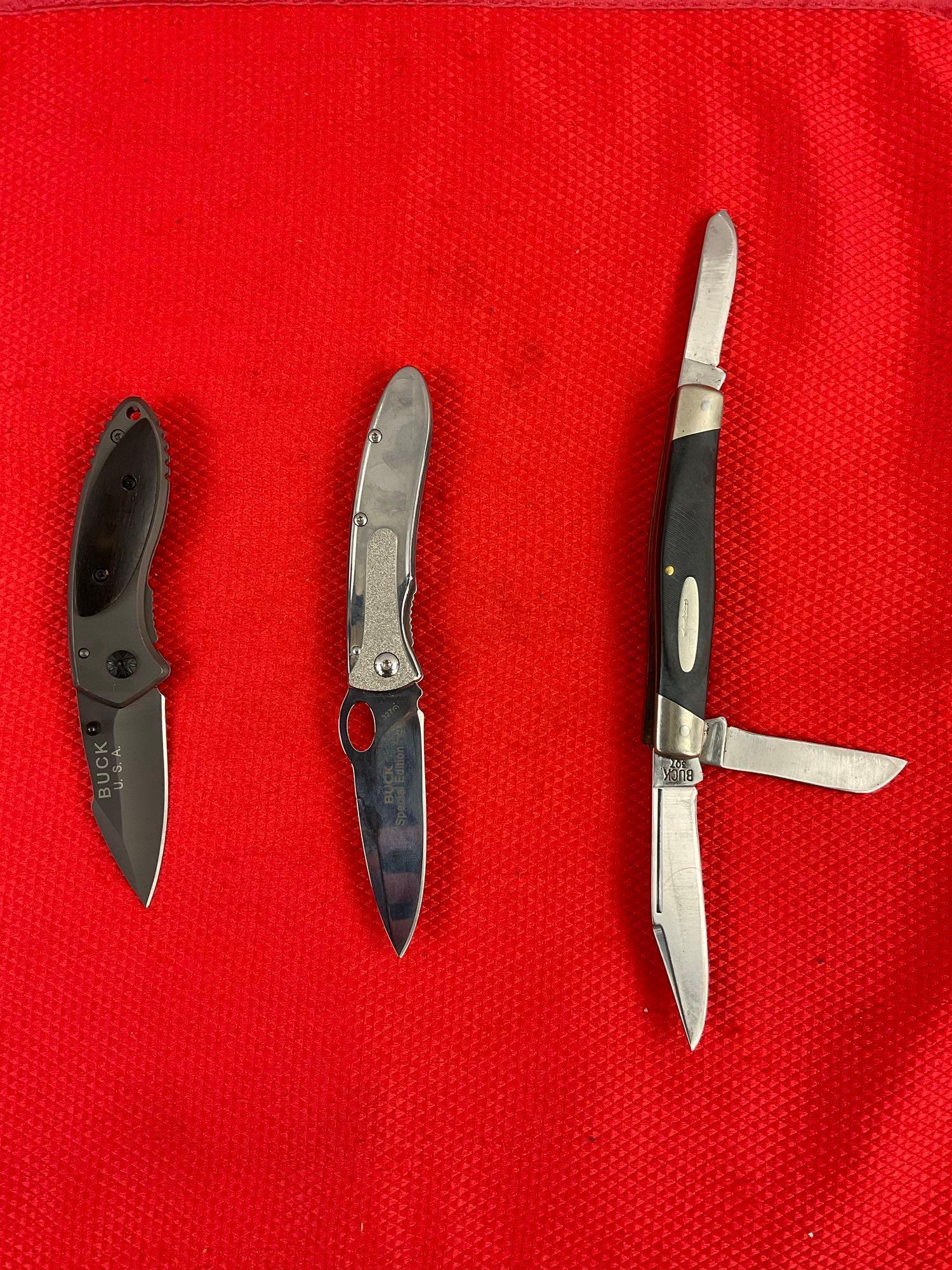 3 pcs Buck 3" Steel Folding Knife Assortment. 1x Vintage Model 307, 2x Modern Models. See pics.