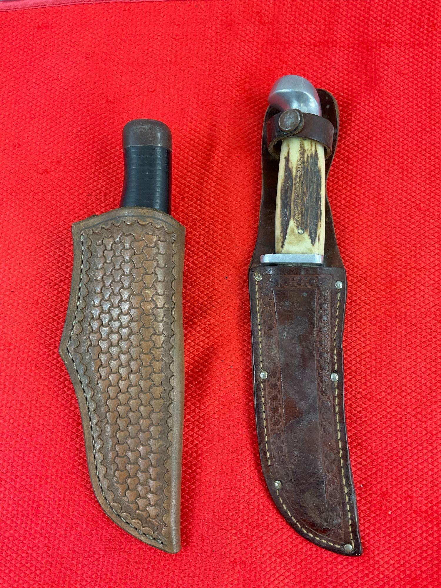 2 pcs Vintage Fixed Blade Knives w/ Sheathes. 1 Kinfolks Super Hunter 568TC & 1 Unmarked. See pics.