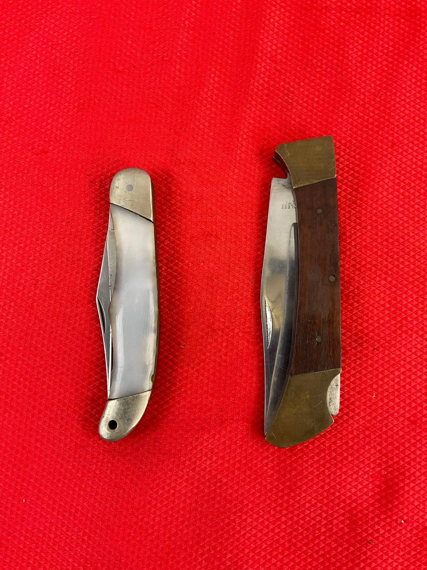 2 pcs Vintage Steel Folding Blade Knives. 1x Buck 317 & 1x Unknown Maker, No Hallmark. As Is. See