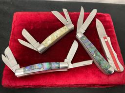 4x Rite Folding Pocket Knives, 2x Abalone style handle, 1x Pearl, & 1x Inlaid Wood