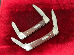 Pair of Vintage Buck 709 Double Blade Folding Pocket Knives, one w/ small blade damage