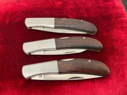 Trio of Kershaw Folding Pocket Knives, Wild Turkey model, Stainless Steel and Wooden Handles