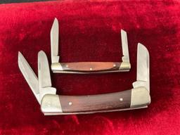 Pair of Vintage Buck Folding Pocket Knives, Models 375 & 703, Stockman triple blade & double blade