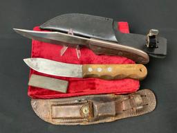 Pair of Vintage Fixed Blade Knives w/ Leather Sheaths, Boone Special 420 Stainless & unmarked