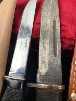 Pair of Vintage 40s & 60s Cattaraugus Fixed Blade Knives w/ Leather Sheaths,