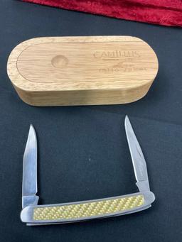 Pair of Camillus Yello-Jaket Double Blade Muskrat, Carbon Fiber accents, polished AUS-8 Steel 1x ...