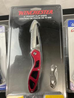 4x NIP Winchester Pocket Clip Knife, 3x Multitools w/ pliers, incl Cabelas & Eagle Claw Lazer Tools