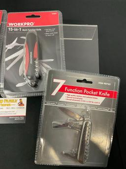 4x Multitools, 2x 7 Function Pocket Knives, 2x Workpro 15-in-1 Multi Function Knife