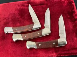 Trio of Vintage Buck Knives 503 Prince Folding Pocket Knife, Nickel Silver & Wooden Handle