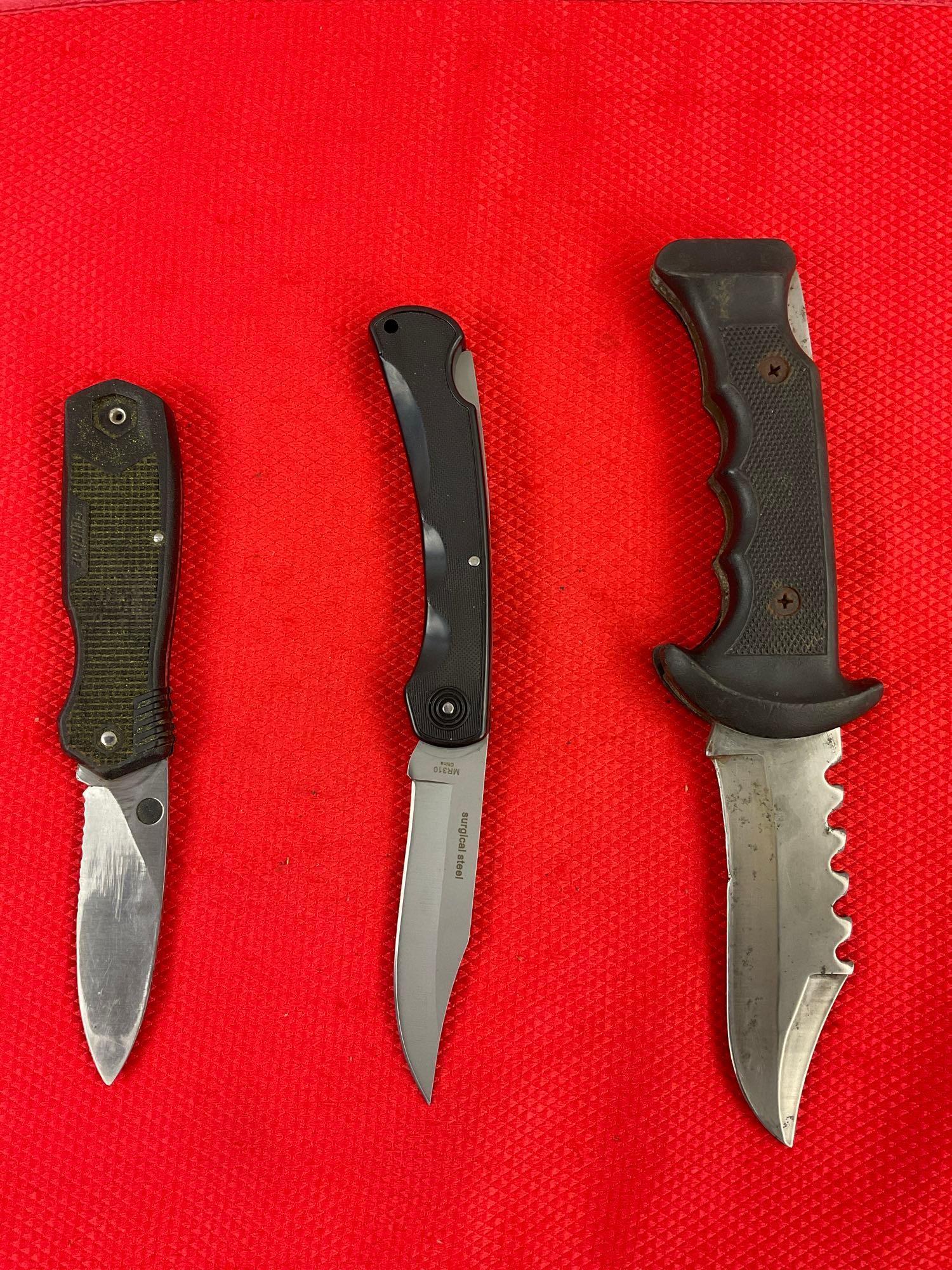 3 pcs Steel Folding Blade Pocket Hunting Knives. 1x Schrade+ CH7, 1x Marble's MR310. See pics.