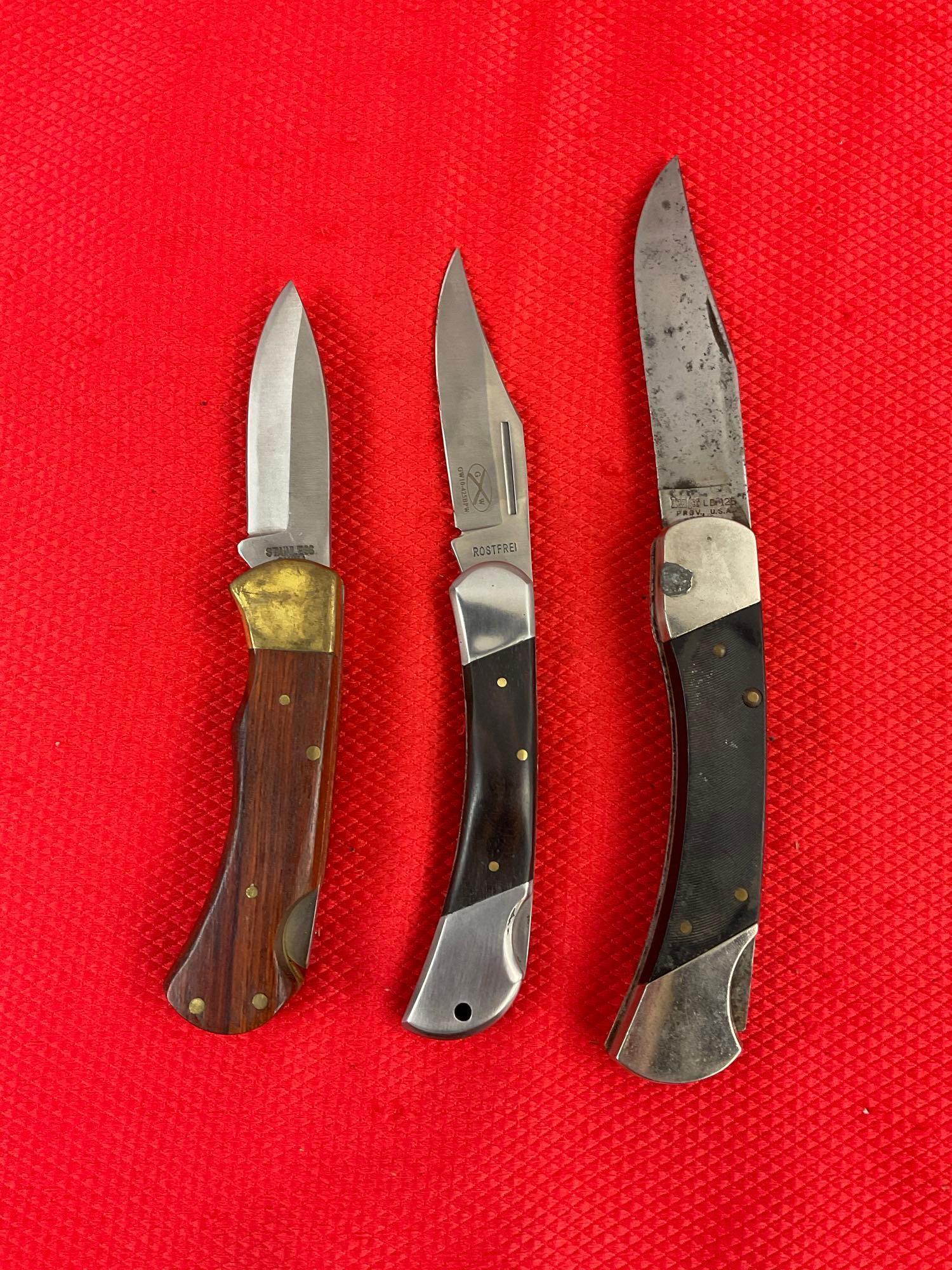 3 pcs Steel Folding Blade Pocket Knives. Vintage Ranger Prov. LB-125 w/ Original Sheath. See pics.
