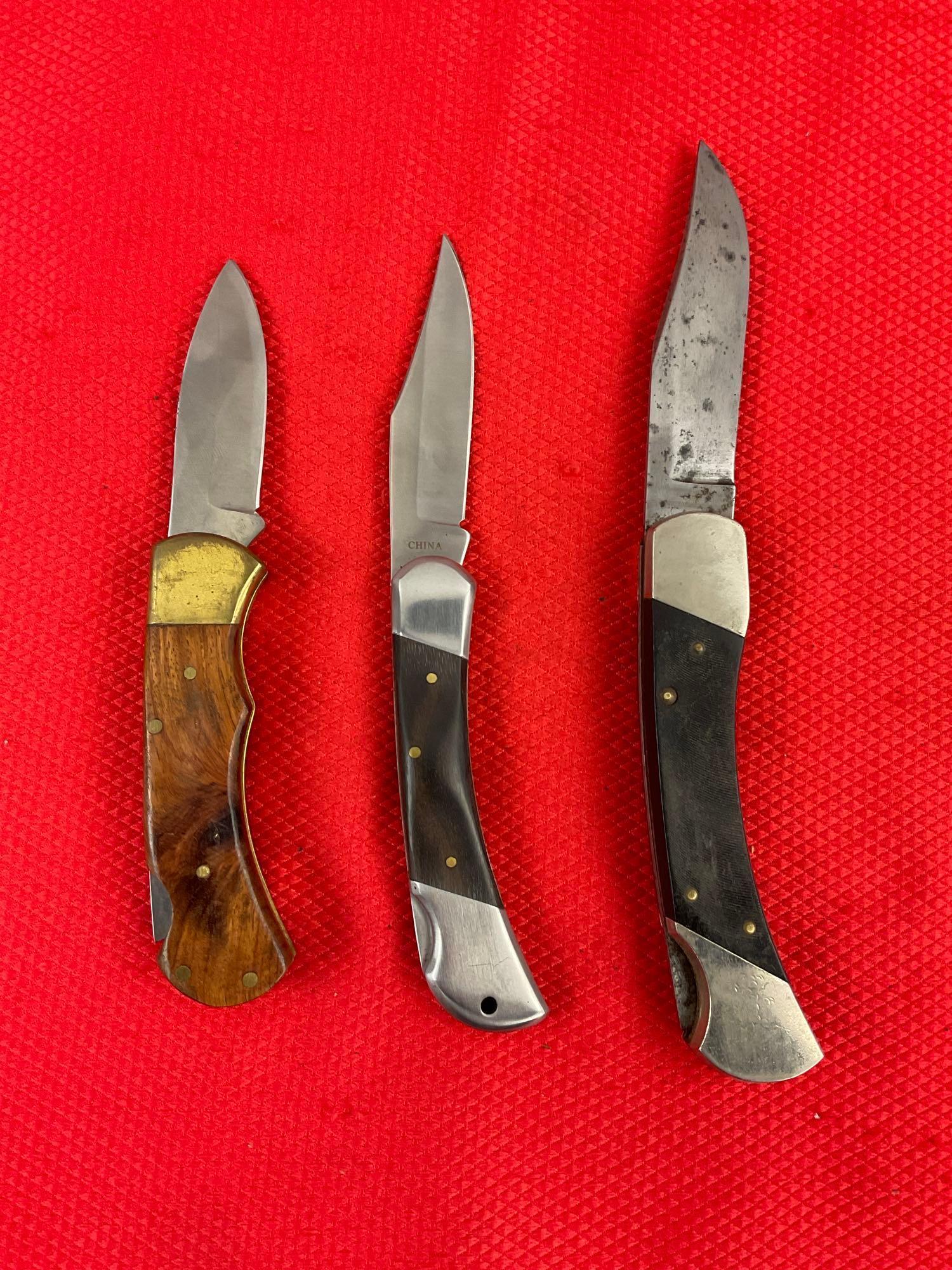 3 pcs Steel Folding Blade Pocket Knives. Vintage Ranger Prov. LB-125 w/ Original Sheath. See pics.