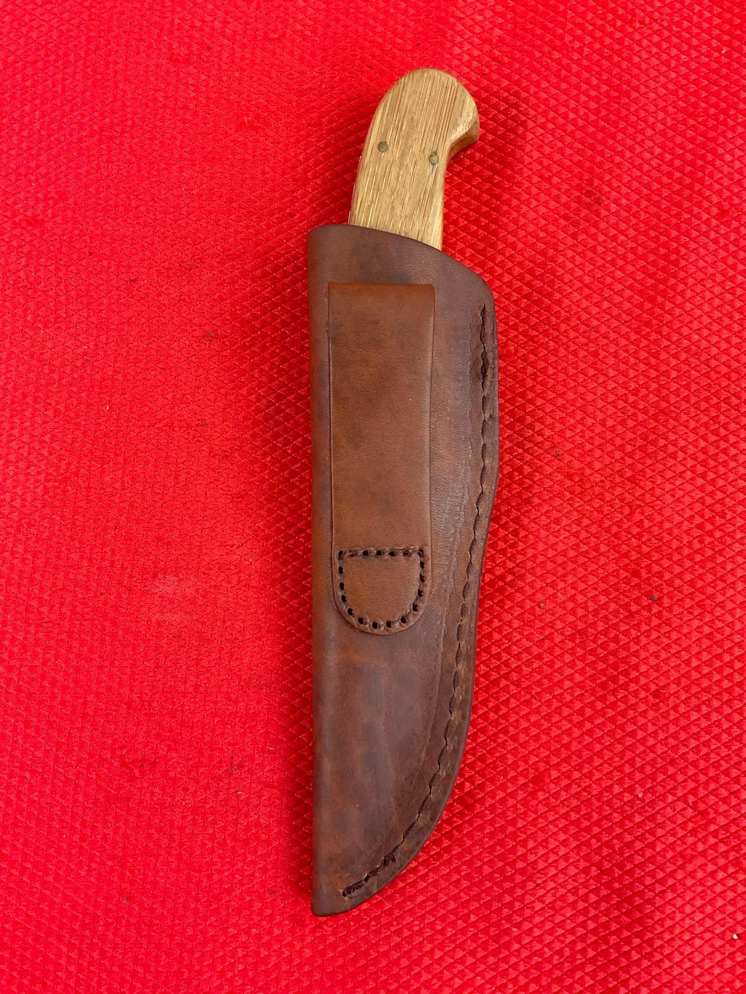 3" Steel Fixed Blade Hunting Knife w/ Wood Handle, Etched Blade & Sheath. Unknown Maker. See pics.