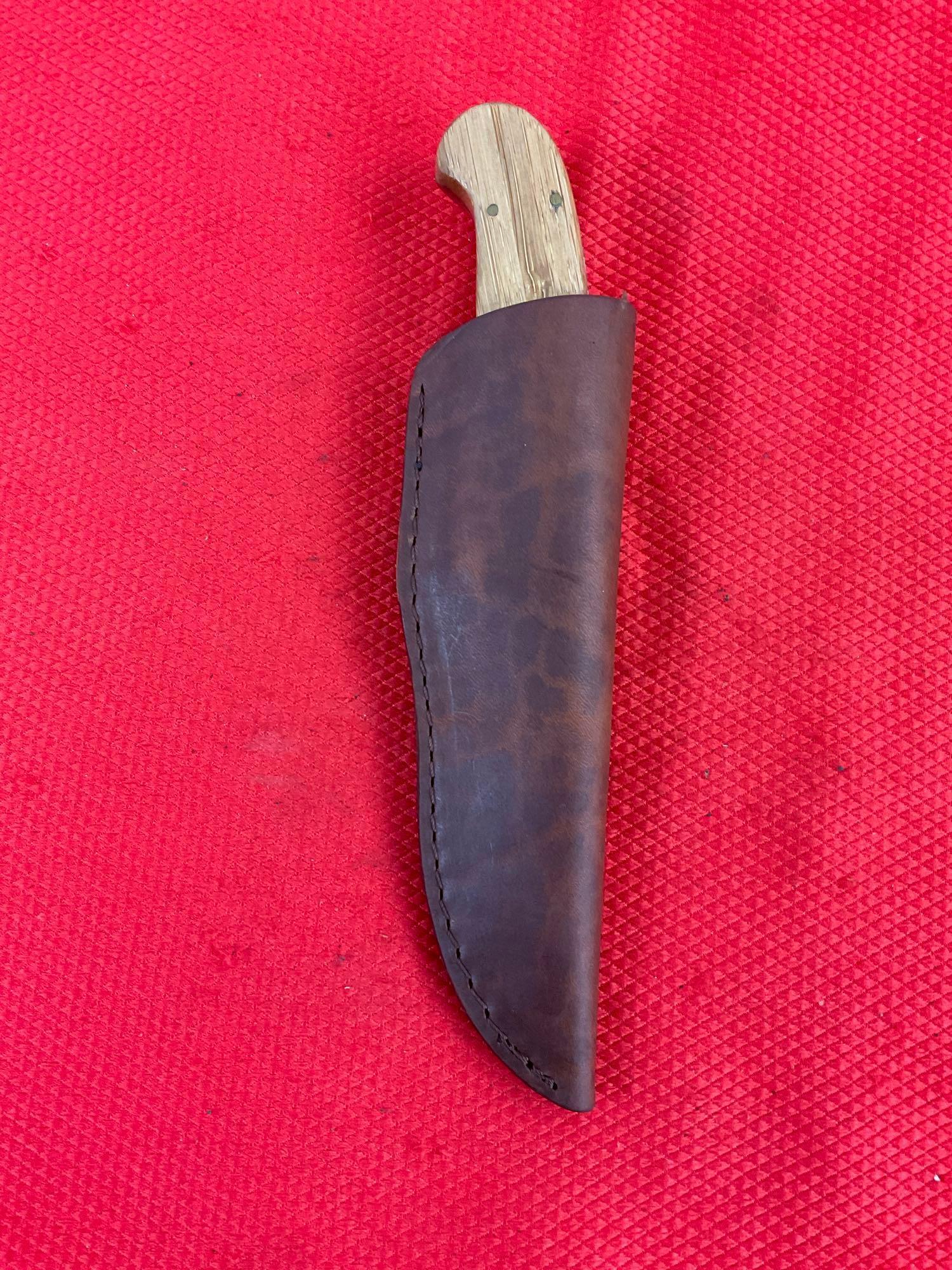 3" Steel Fixed Blade Hunting Knife w/ Wood Handle, Etched Blade & Sheath. Unknown Maker. See pics.