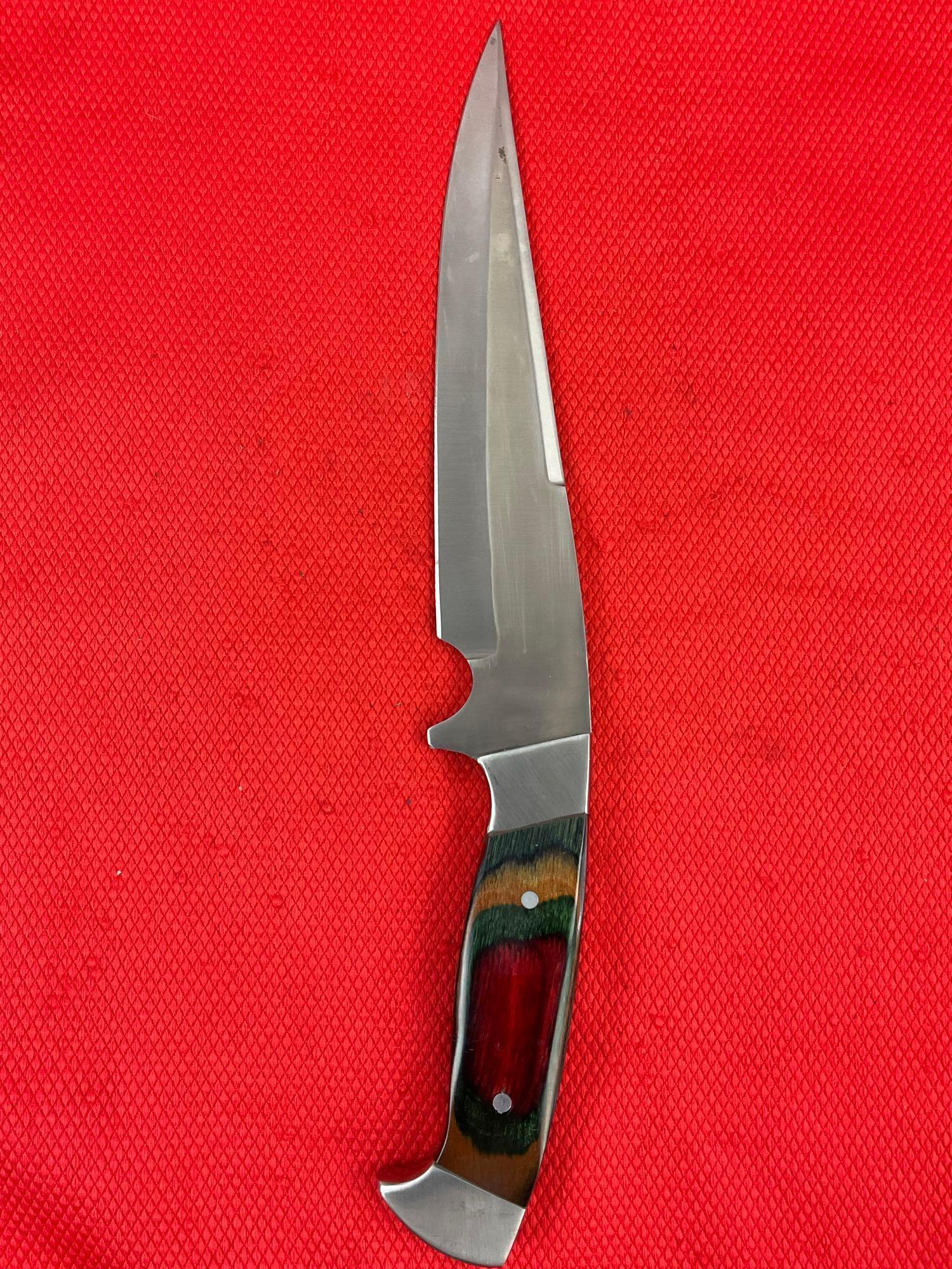 Pakistan Made 8" Steel Fixed Blade Knife w/ Colorful Wood Handle & Embossed Eagle Sheath. See pics.