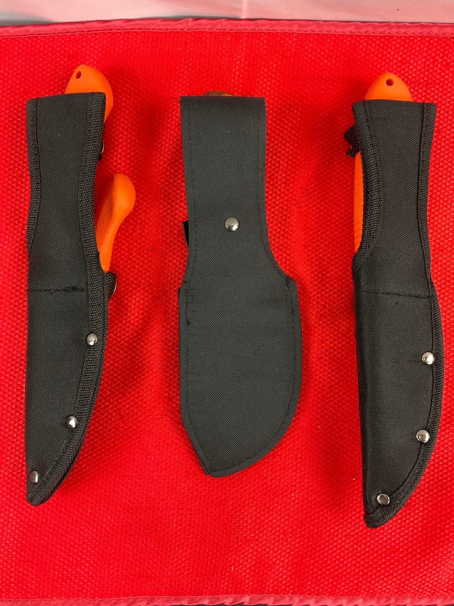 5 pcs Modern Rite Edge Steel Fixed Blade Skinning Knives w/ Orange Handles & Sheathes. See pics.