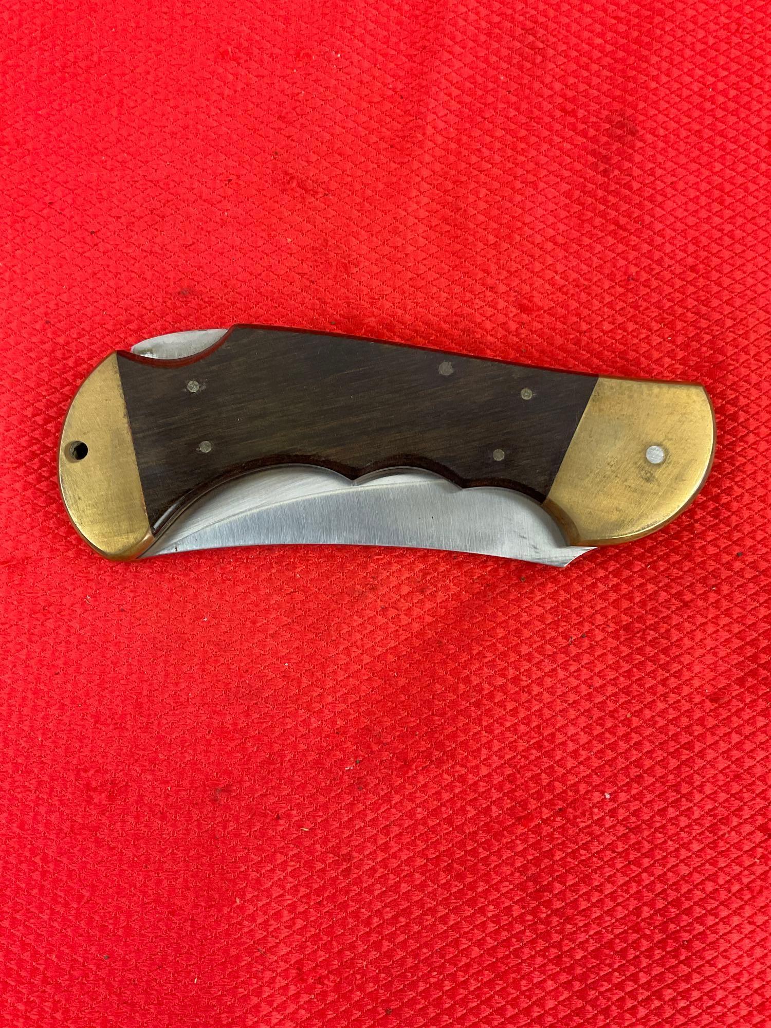 Vintage Bear Hunter 3.5" Solingen 440 Stainless Steel Folding Blade Hunting Knife w/ Sheath. See