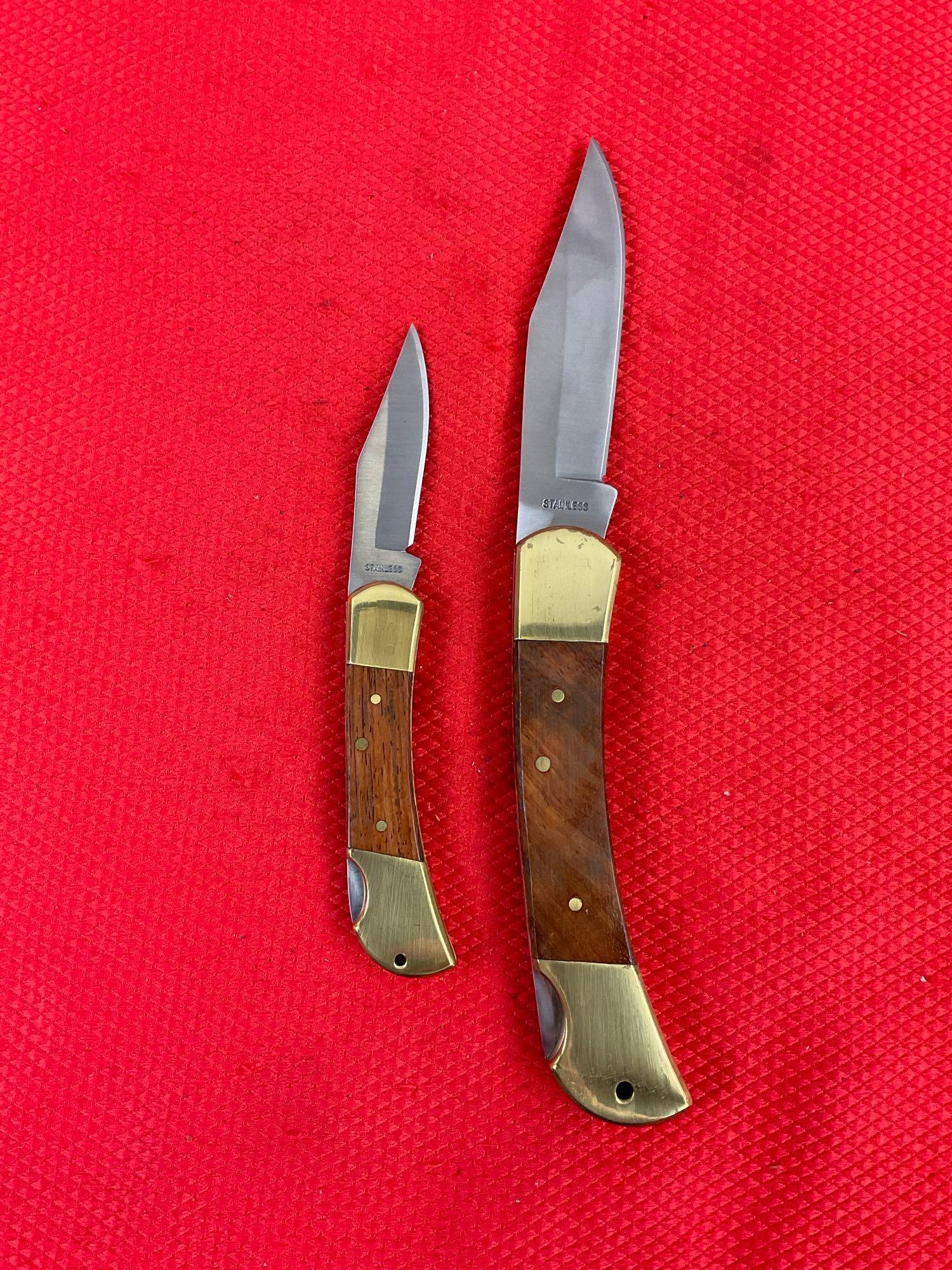 2 pcs Modern Winchester Steel Folding Blade Pocket Hunting Knives w/ Wood Handles. See pics.