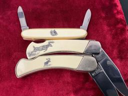 4x Barlow Knives, Three w/ Engraved Scrimshaw Handles, Deer, Moose & Puma Scene
