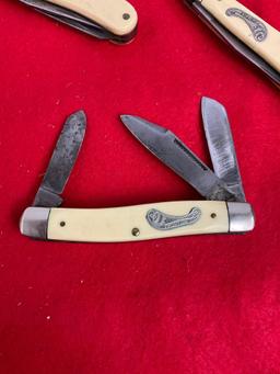 Trio of Frontier 3 Bladed Folding Pocket Knives w/ Enamel Handle - See pics