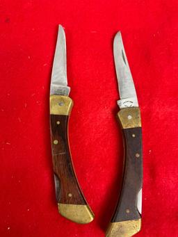 Pair of Vintage Frontier Folding Blade Pocket Knives - Brass & Wood - See pics