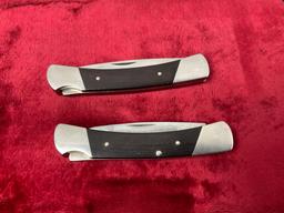 Pair of Vintage Buck Folding Pocket Knives, 2x Model 501 Solo Knife Single Blade w/ Wood Handle