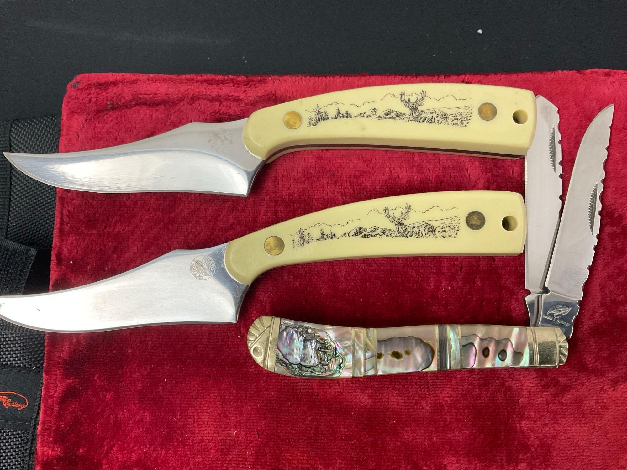 4x Ocoee River Cutlery, Ornately Engraved Knife, Pair of Handles, and MOP style Double Knife