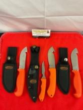 4 pcs Rite Edge Steel Fixed Blade Skinning Knives w/ Orange Handles & Sheathes. See pics.