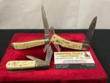 Trio of Schrade Scrimshaw Folding Pocket Knives, Models SC506, 515SC & SC583