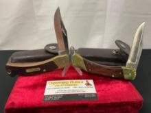 Pair of Schrade Folding Pocket Hunting Single Blade Knives, models 6-OT & LB7 w/ Leather Sheaths