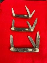 Trio of Vintage Western Triple Blade Folding Pocket Knives w/ Antler Handles