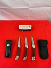 3 pcs Buck 2.5" Steel Folding Blade Pocket Knives Model 501 Squire w/ 2 Sheathes. See pics.