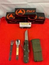 5 pcs Fury Camping Eating Utensil Set in Sheath Model 44481 w/ Knife, Fork, Spoon, Corkscrew. NIB.