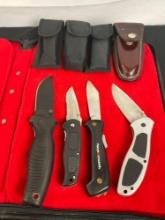 Collection of 4 Stainless Steel Folding Knives w/ Sheathes - See pics