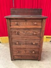 Antique Wooden Wheeled Glass Topped Dresser w/ 4 Drawers & Carved Floral Patterns. See pics.
