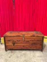 Vintage Wooden Wheeled Chest w/ Brass Details. Measures 45" x 21" Cedar Lined? See pics.