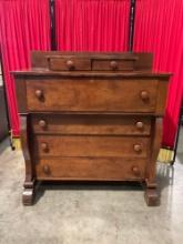 Antique Wooden Empire Dresser w/ Glass Top, 6 Drawers & Handsome Curved Legs. See pics.