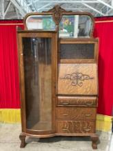Antique Tiger Oak Combination Secretary Desk & Curio Cabinet w/ Curved Glass Door & 2 Mirrors. See