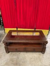 Vintage Wooden Leather & Glass Topped 2-Tier Rectangular Coffee Table w/ 2 Drawers. See pics.