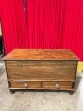 Vintage Wooden Trunk w/ Lidded Compartment, 2 Drawers & Clear Glass Knobs. See pics.