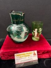 Antique Deco Period Mary Gregory Glass, Dark Green Bottle Glass Creamer & Lime Green Small Glass