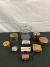 9 pcs Vintage Decorative Container Assortment. 1x Glass Apothecary Jar. 8x Metal Jars & Boxes. See