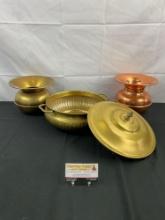 3 pcs Vintage Brass & Copper Vessels. 1x Brass & 1x Copper Spittoon, 1x Brass Marcelo Pot. See pi...