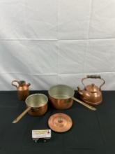 4 pcs Vintage Copper Cookware. 1x Copper Kettle, 2x Copper Pots, 1x Copper Jug. See pics.