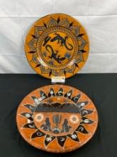 2 pcs Painted Terra Cotta Decorative Plates. South West Design w/ Desert Scene, Coyote & Lizards.