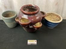 Group of 3 Ceramic and stoneware Planters, Red-Brown Strawberry Jar, Blue & Green Pots